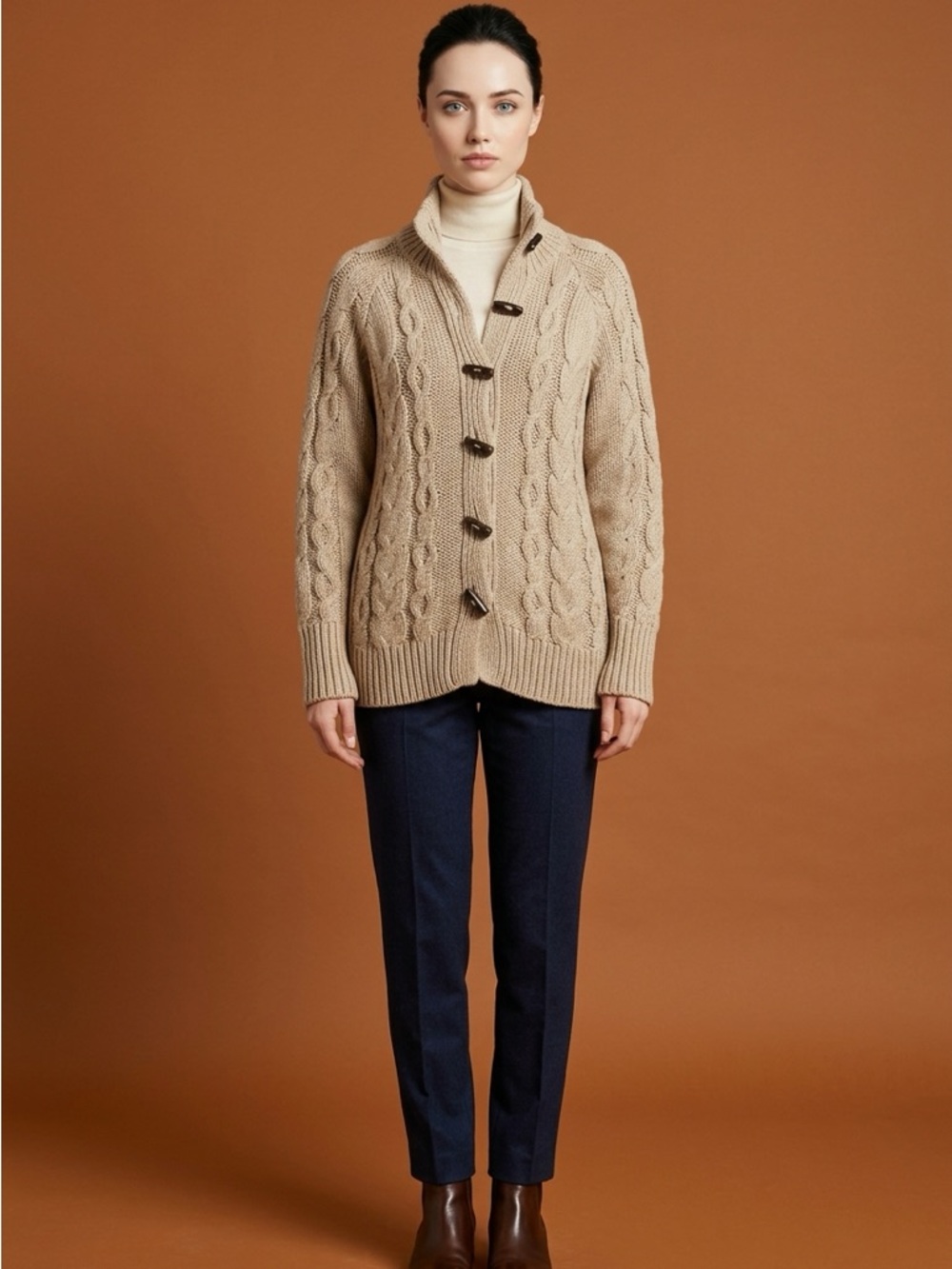Vintage Part Wool Tan Cable Knit Cardigan with Toggle Button Closure